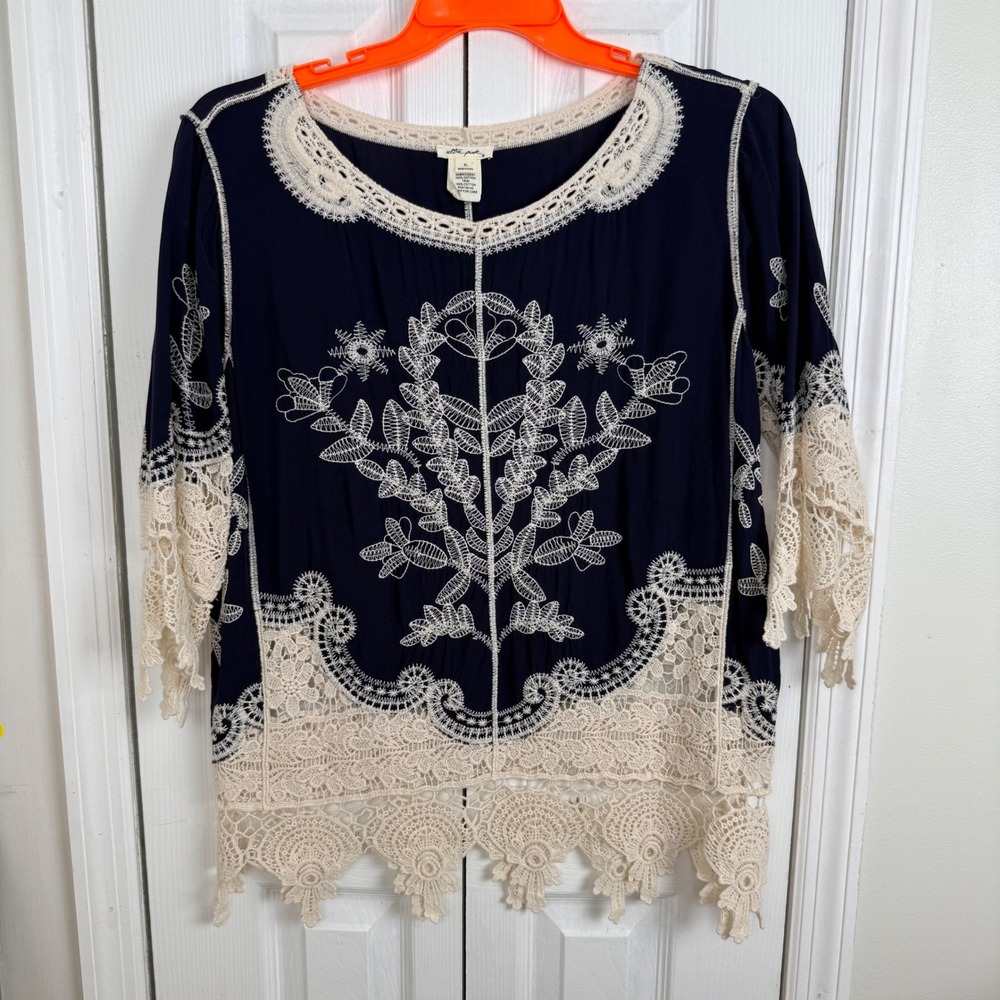 Ultra Pink Embroidered Crochet Lace Blouse XL Navy Blue Boho Peasant Top